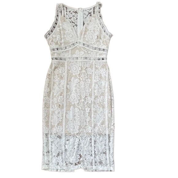 Boho Lace Midi Dress White Sleeveless Womens M Floral Mesh V Neck Bridalcore - Picture 1 of 12